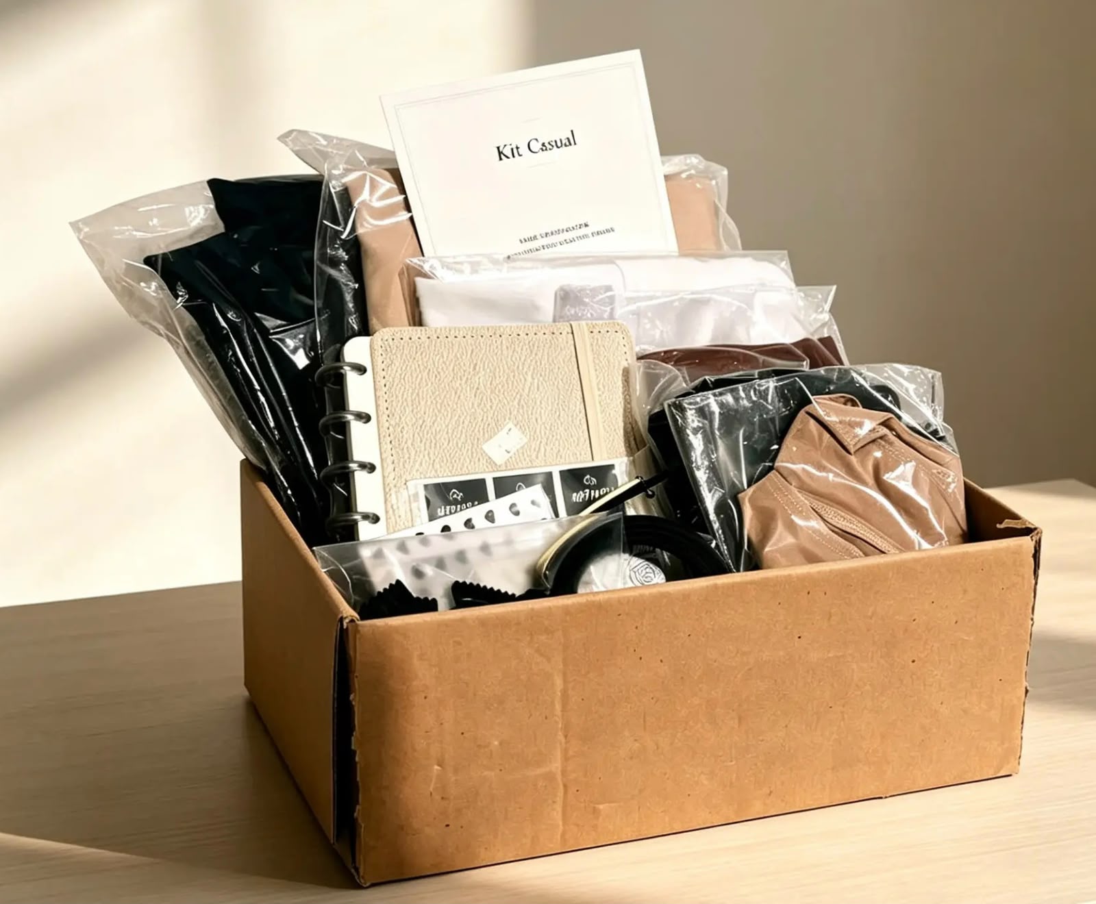 Kit Casual Namorelly Modas com peças de roupa, planner e materiais de apoio em caixa kraft